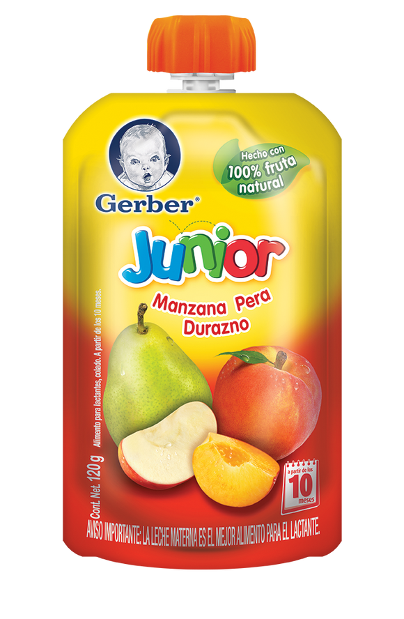 3 Pzas Junior de GERBER® Manzana, Pera y Durazno 120g - bebe2go.com
